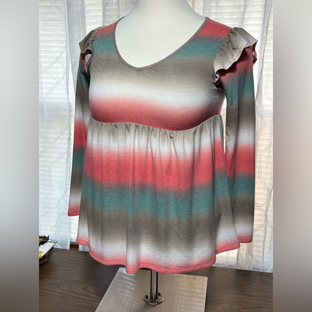 Ces Femme Pink Ruffled Blouse Sz Med blurred tie dye 27”L 18” p2p25” sleeve